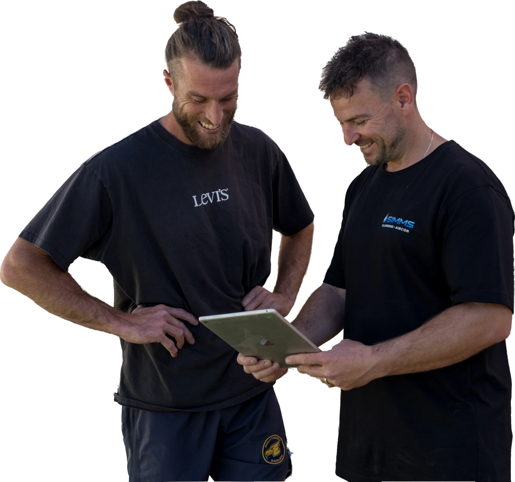 Simms plumber showing a customer a fixed quote on a tablet