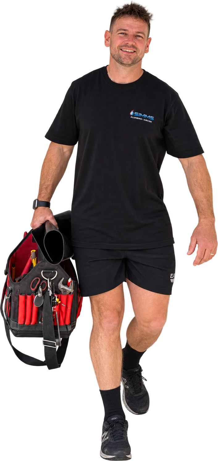 Simms plumber walking in with his toolbag