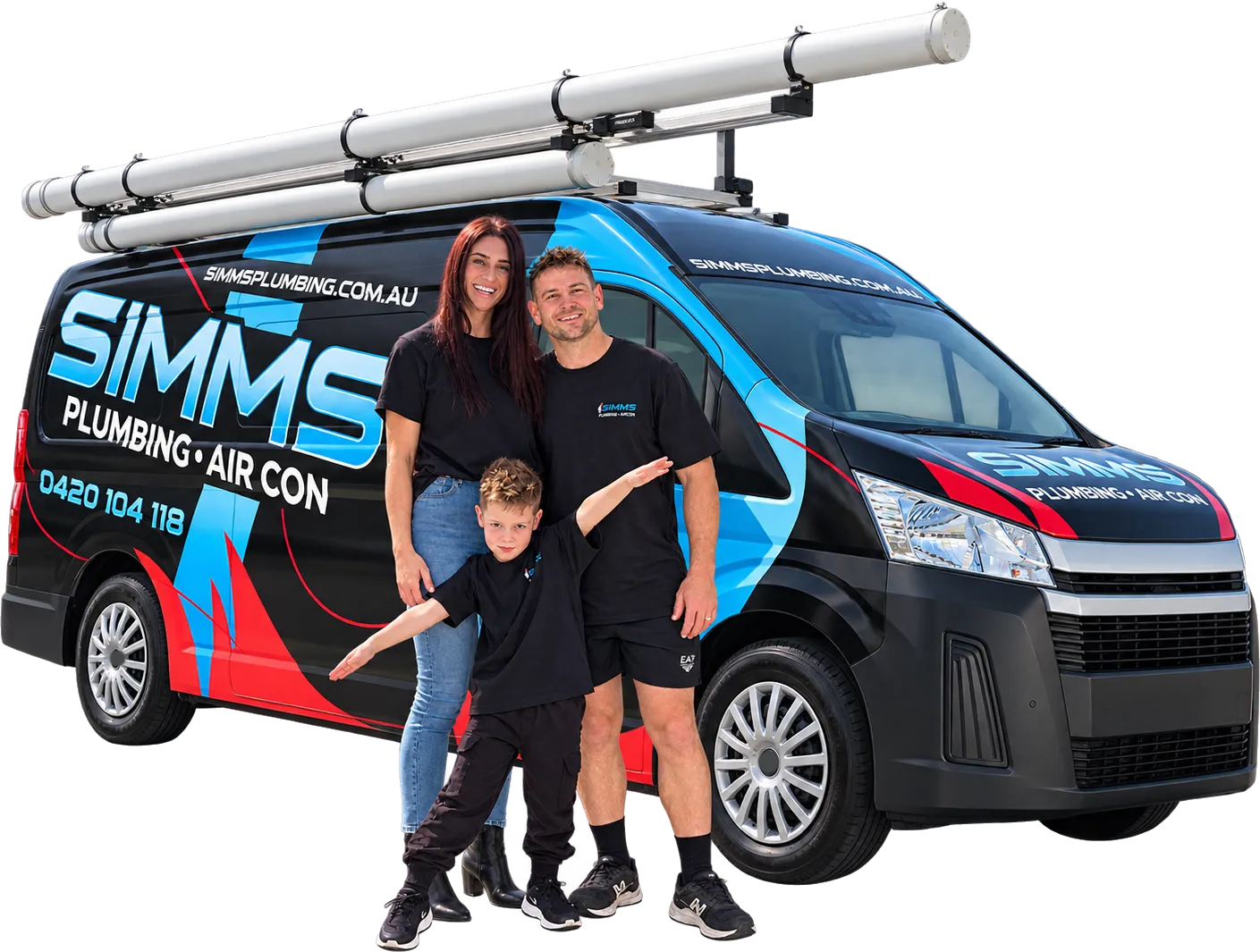 The Simms family waving in front of the Simms van