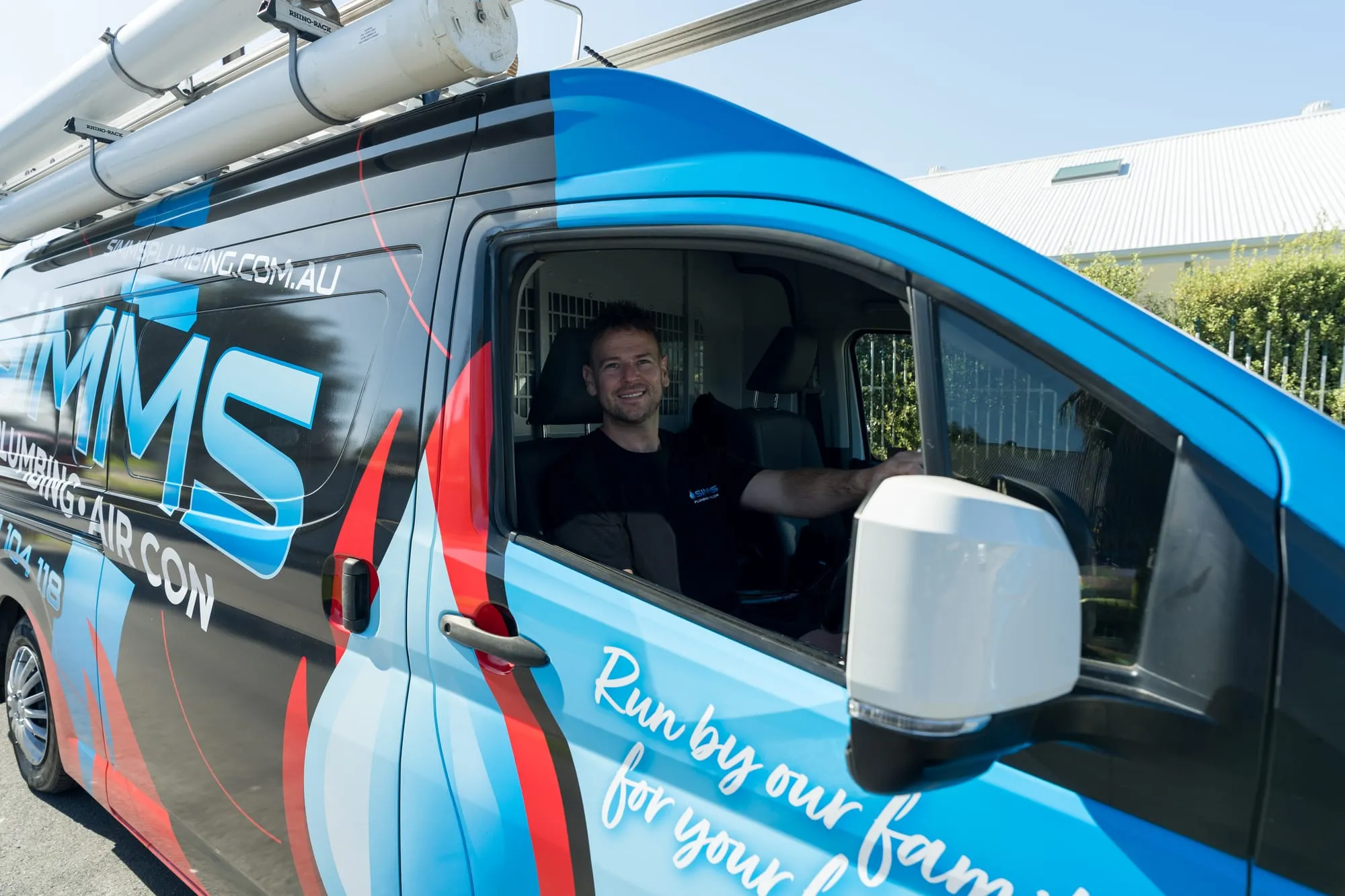 Simms van with the Run by our family, for your family tagline
